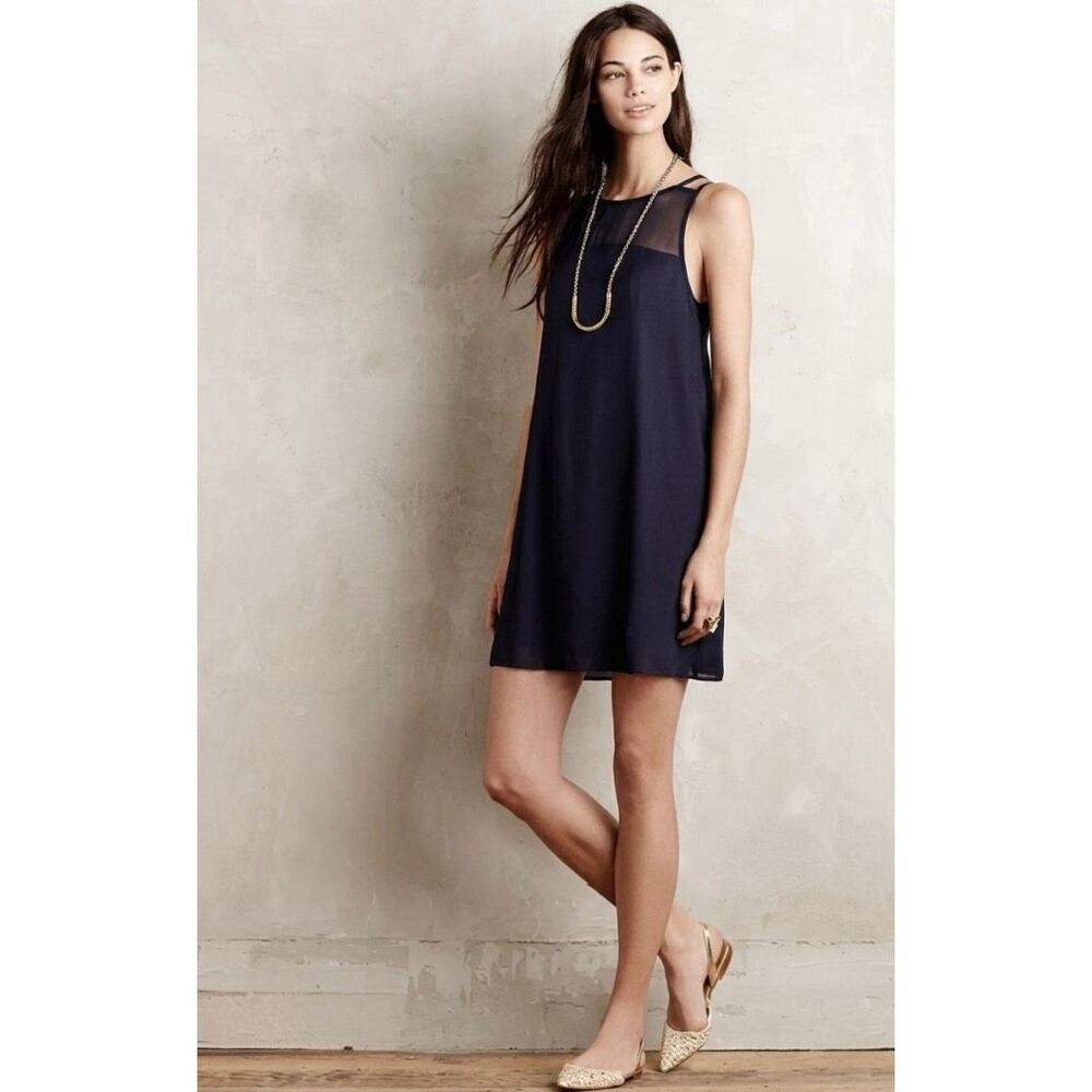 HD In Paris Anthropologie Navy Shift Dress Minimalist Quiet Luxury Chic 4P Party